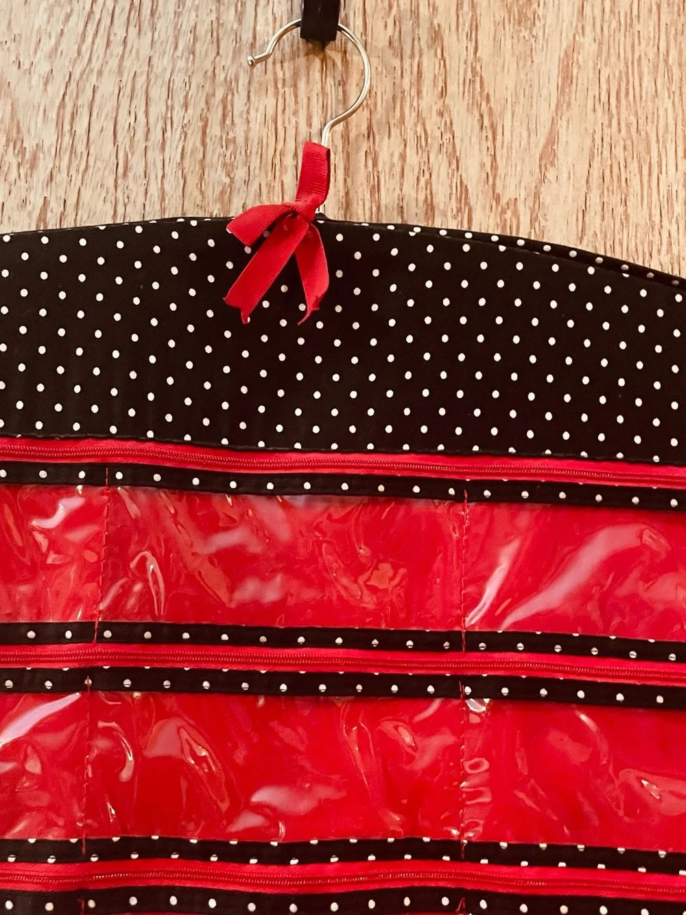 Red Polka-Trim Hanging Jewelry Organizer - Stylish Storage